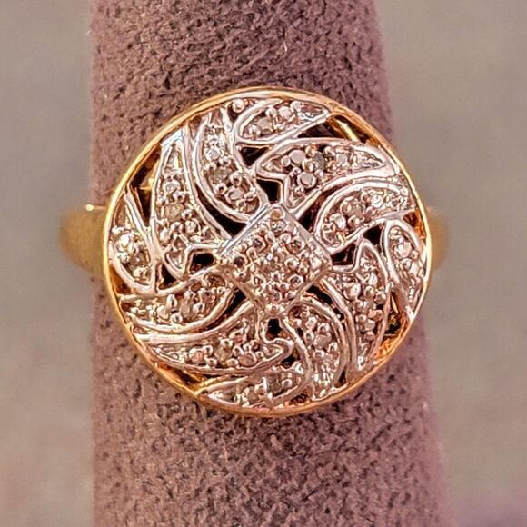 Sterling Ornate Two Tone Diamond Round Ring - Picture 2 of 6